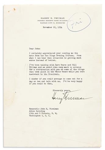 TRUMAN, HARRY S. Archive of 19 Typed Letter Signed, HarrySTruman or H.S.T., to his former Chief of Staff John Roy Steelman,